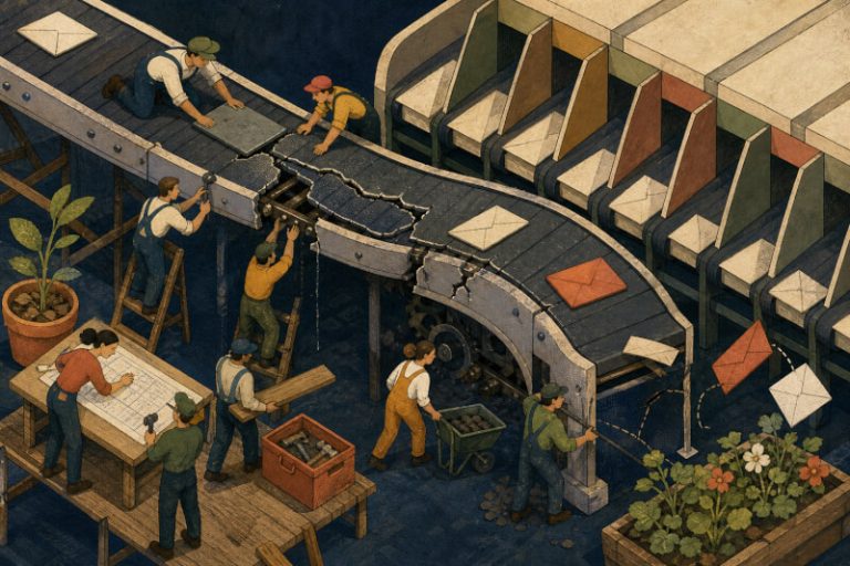 Hand-drawn isometric art of tiny office workers repairing a cracked mailroom conveyor as suspicious envelopes slip through sorting gates