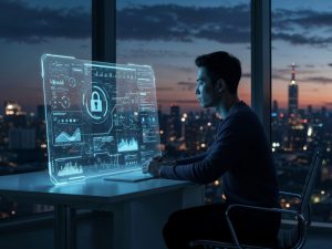 Editorial illustration of a business operations center reviewing multiple small cybersecurity alerts across email, endpoints, cloud apps, and remote access systems.