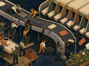 Hand-drawn isometric art of tiny office workers repairing a cracked mailroom conveyor as suspicious envelopes slip through sorting gates