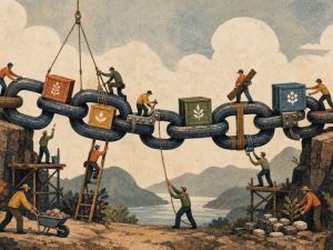 Abstract editorial art of tiny workers reinforcing a chain bridge, each link marked by a supplier crate, showing shared strength and weak points